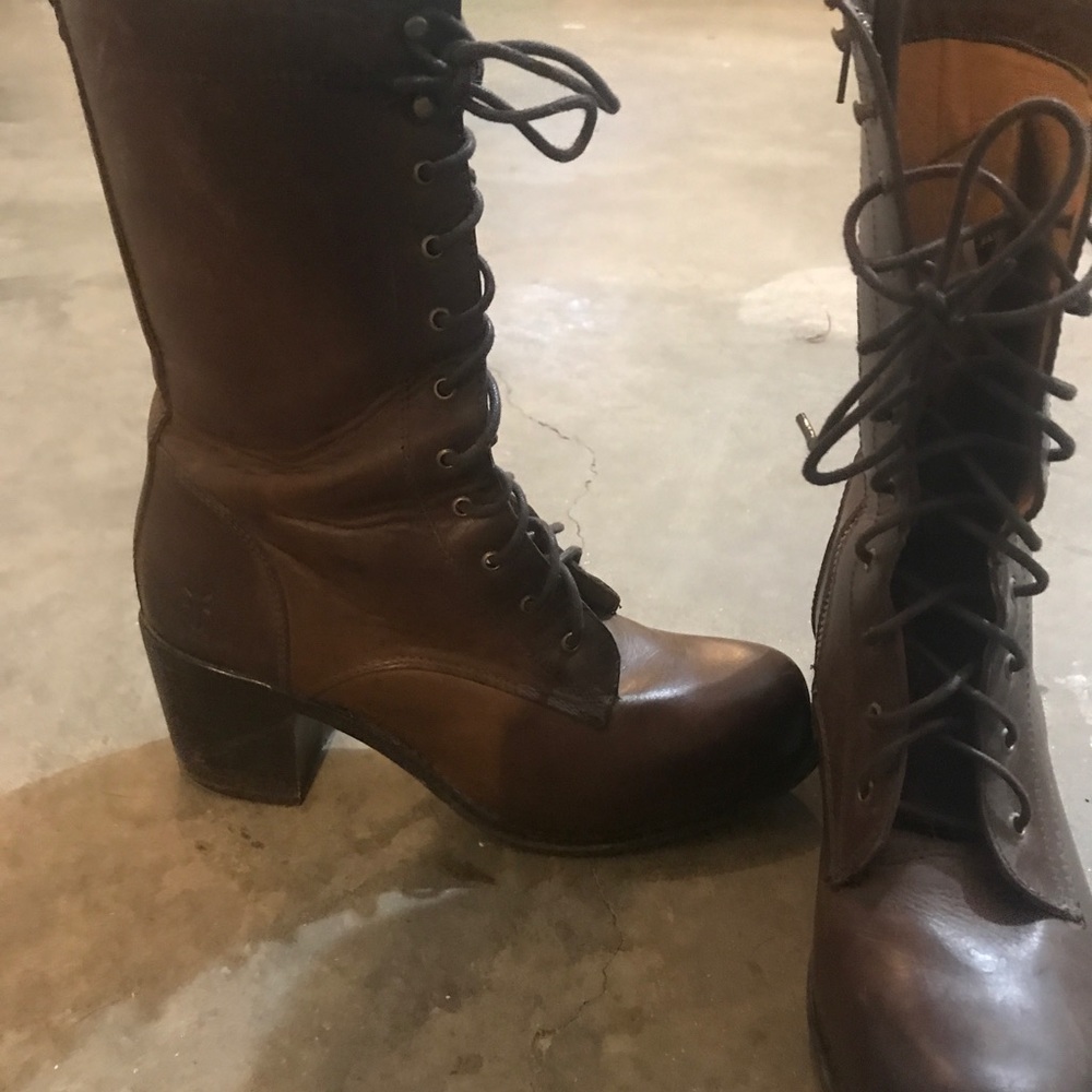 Frye lace up heeled combat boots,